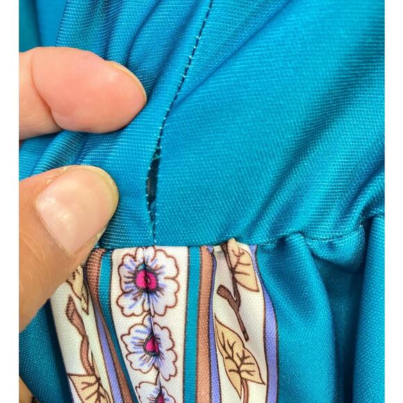 VTG Amy Deb Tropical Floral Dress Union Made  USA 1970'S Blue Belted Medium - Picture 4 of 7